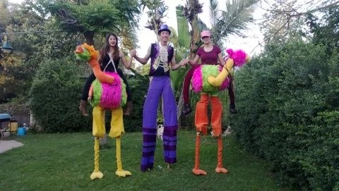 צוות הולכי קביים של "קרקס בגיל" מוכנים לקבלת פנים באירוע. במרכז דמות קביים קלאסית בתלבושת סגולה וכובע צילינדר, ומשני צדדיו דמויות שטח משעשעות ומקוריות של רכיבה על ציפורי יען צבעוניות.
